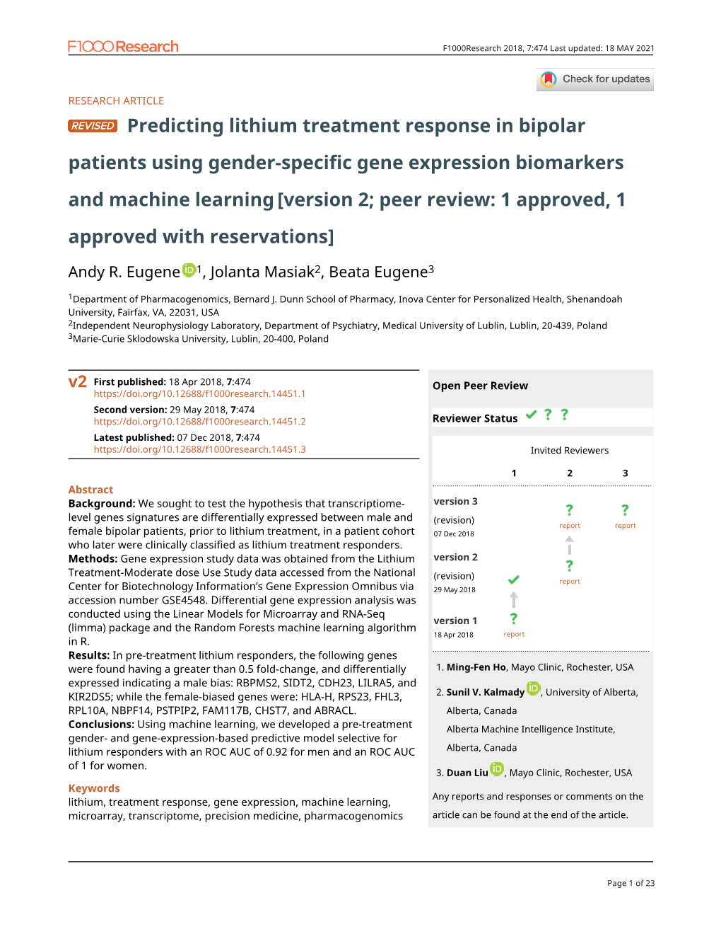 Predicting Lithium Treatment Response in Bipolar Patients Using Gender-Specific Gene Expression Biomarkers and Machine Learning