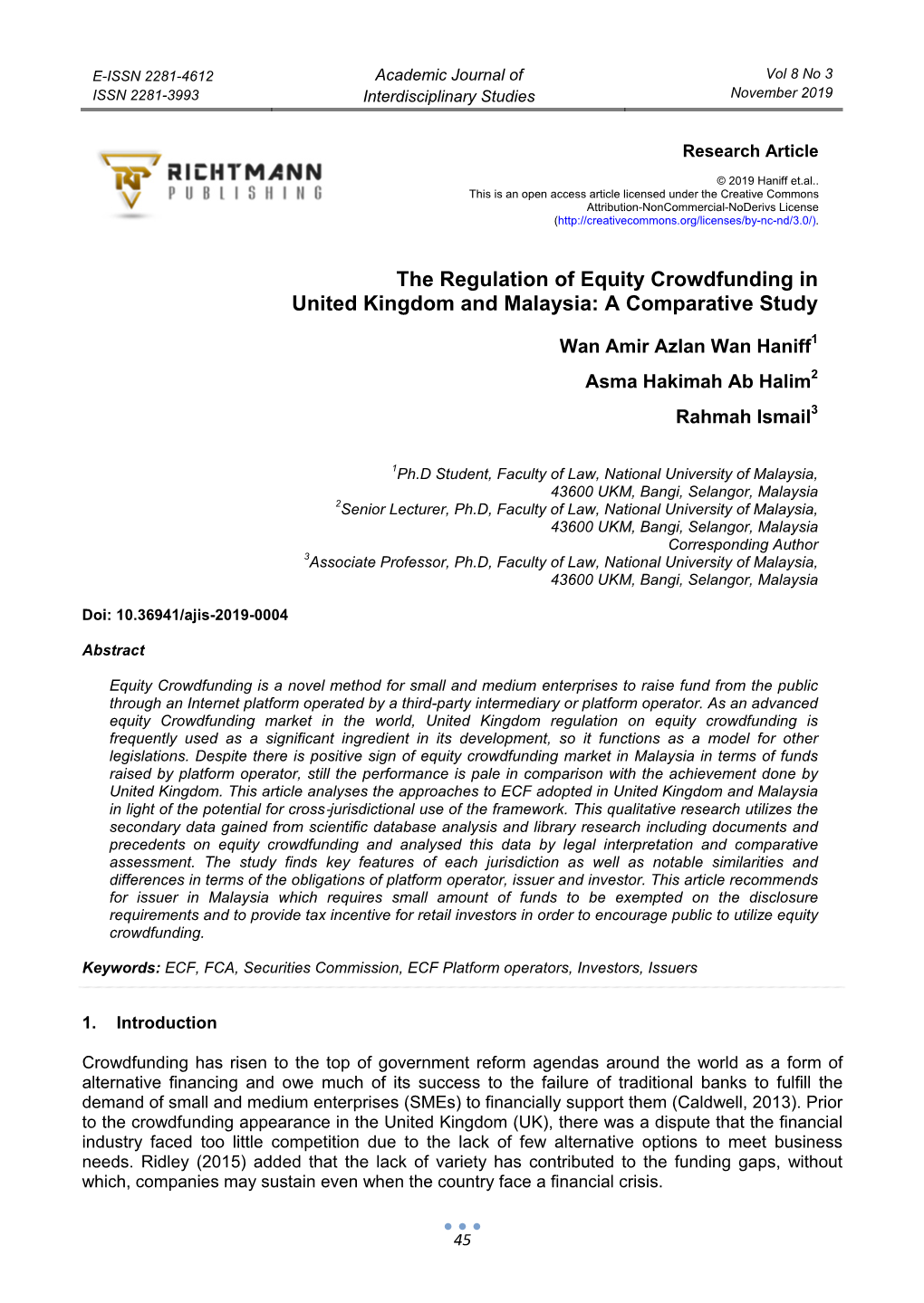 The Regulation of Equity Crowdfunding in United Kingdom and Malaysia: a Comparative Study