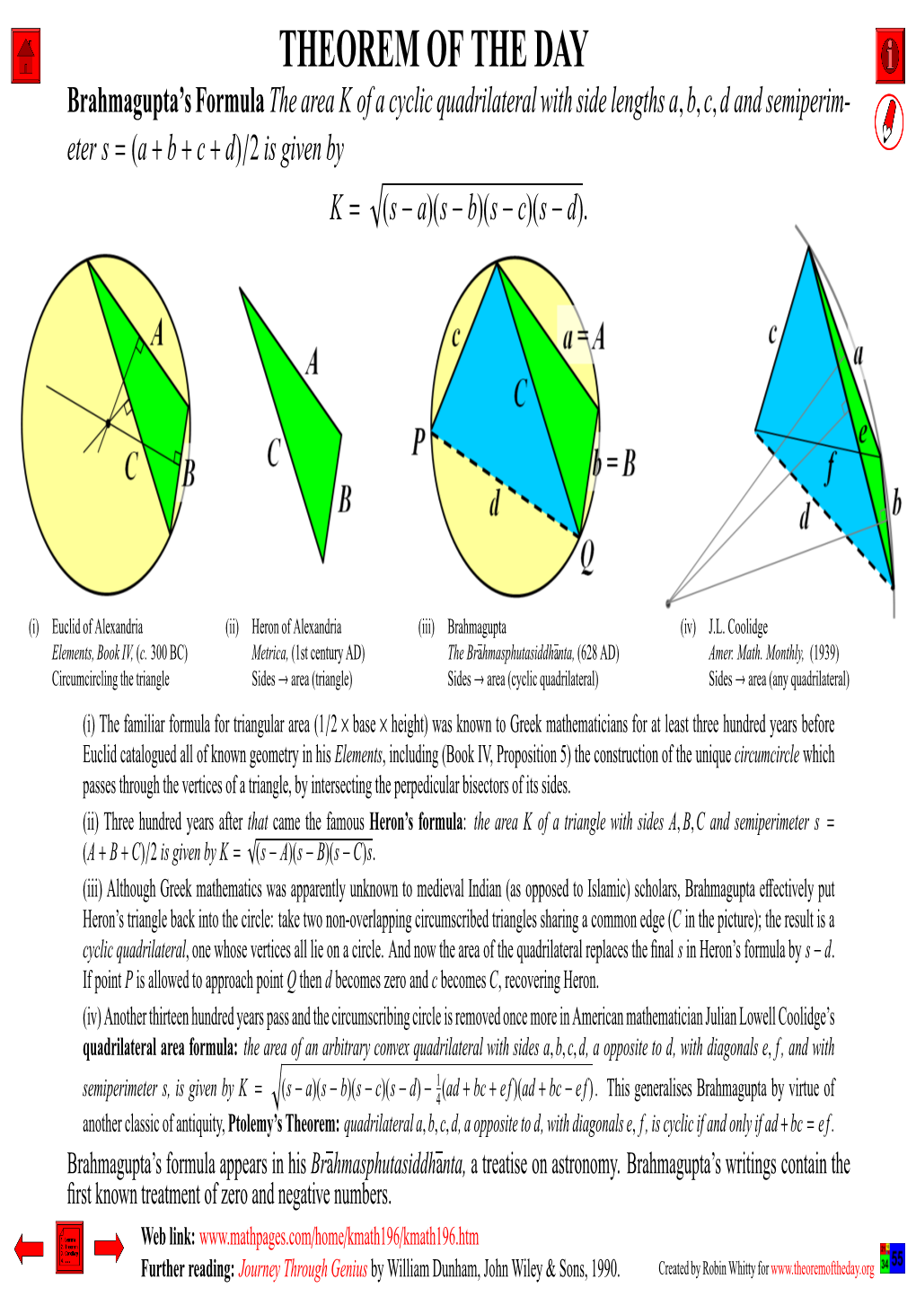 Brahmagupta's Formula the Area K of a Cyclic Quadrilateral with Side Lengths A, B, C, D and Semiperim- Eter S = (A + B + C + D)/2 Is Given by K = (S A)(S B)(S C)(S D)