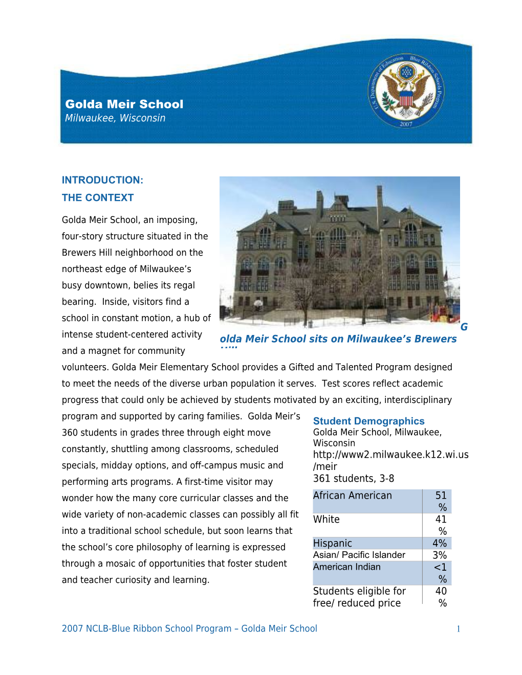 Golda Meir School - Learning from High Poverty, High Achieving Blue Ribbon Schools 2007