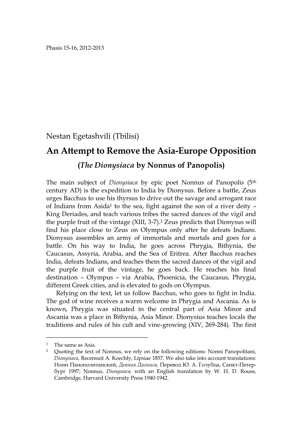 An Attempt to Remove the Asia-Europe Opposition (The Dionysiaca by Nonnus of Panopolis)