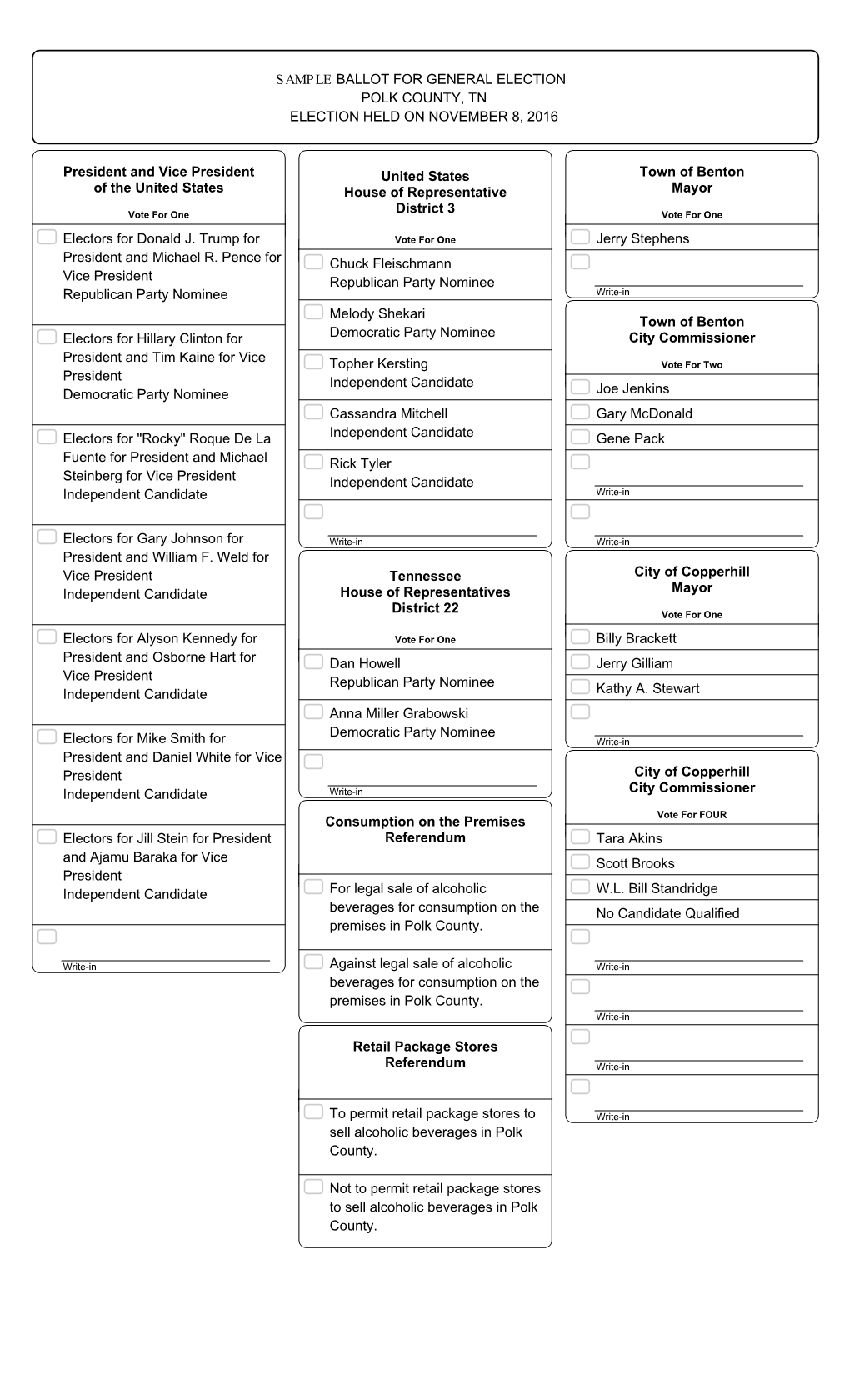 6$03/( BALLOT for GENERAL ELECTION POLK COUNTY, TN ELECTION HELD on NOVEMBER 8, 2016 President and Vice President of the United