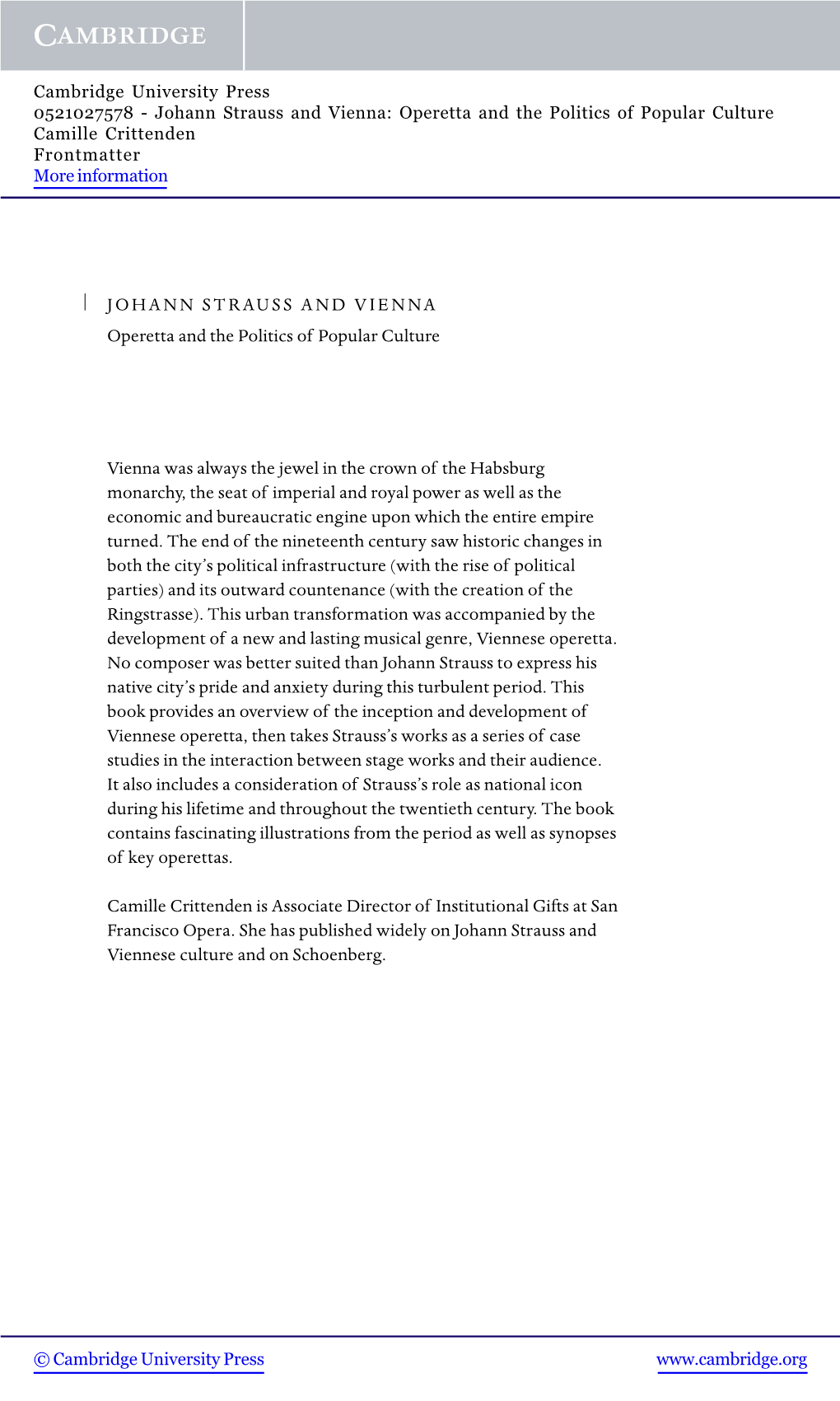 Johann Strauss and Vienna: Operetta and the Politics of Popular Culture Camille Crittenden Frontmatter More Information