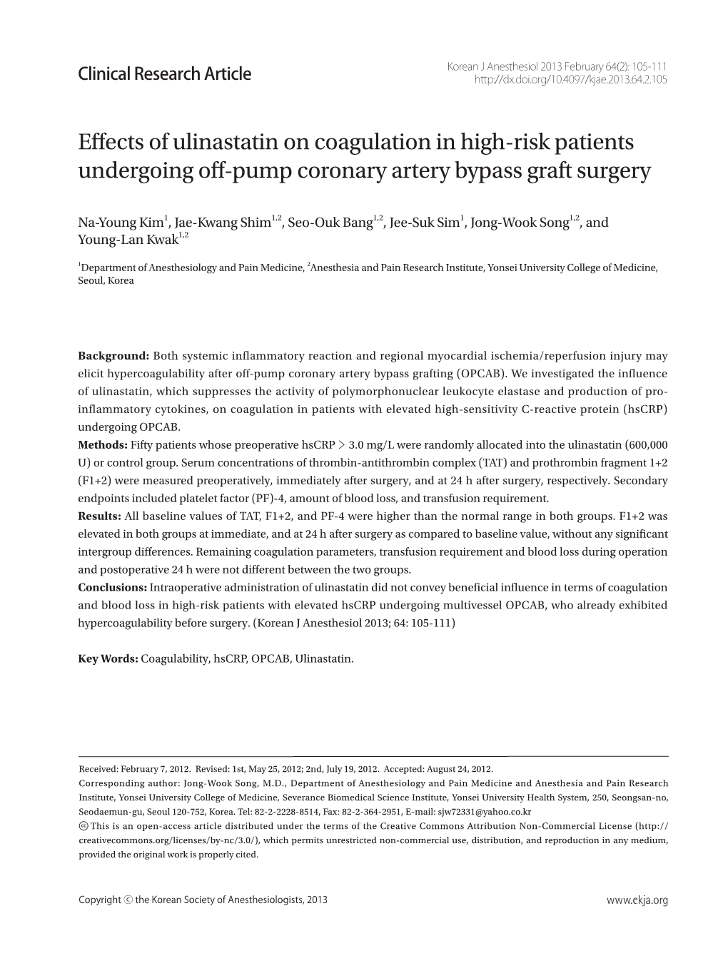 Effects of Ulinastatin on Coagulation in High-Risk Patients Undergoing Off-Pump Coronary Artery Bypass Graft Surgery