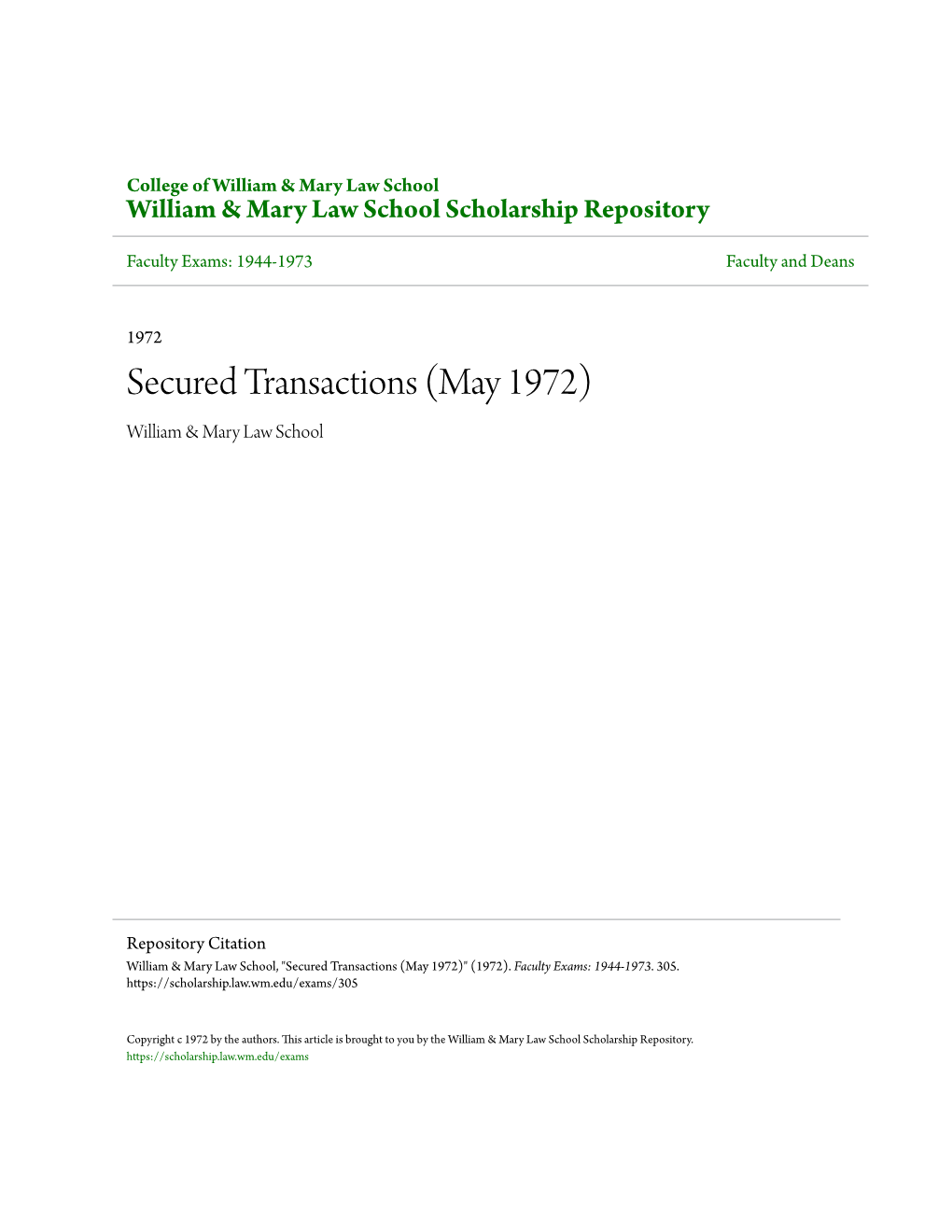 Secured Transactions (May 1972) William & Mary Law School