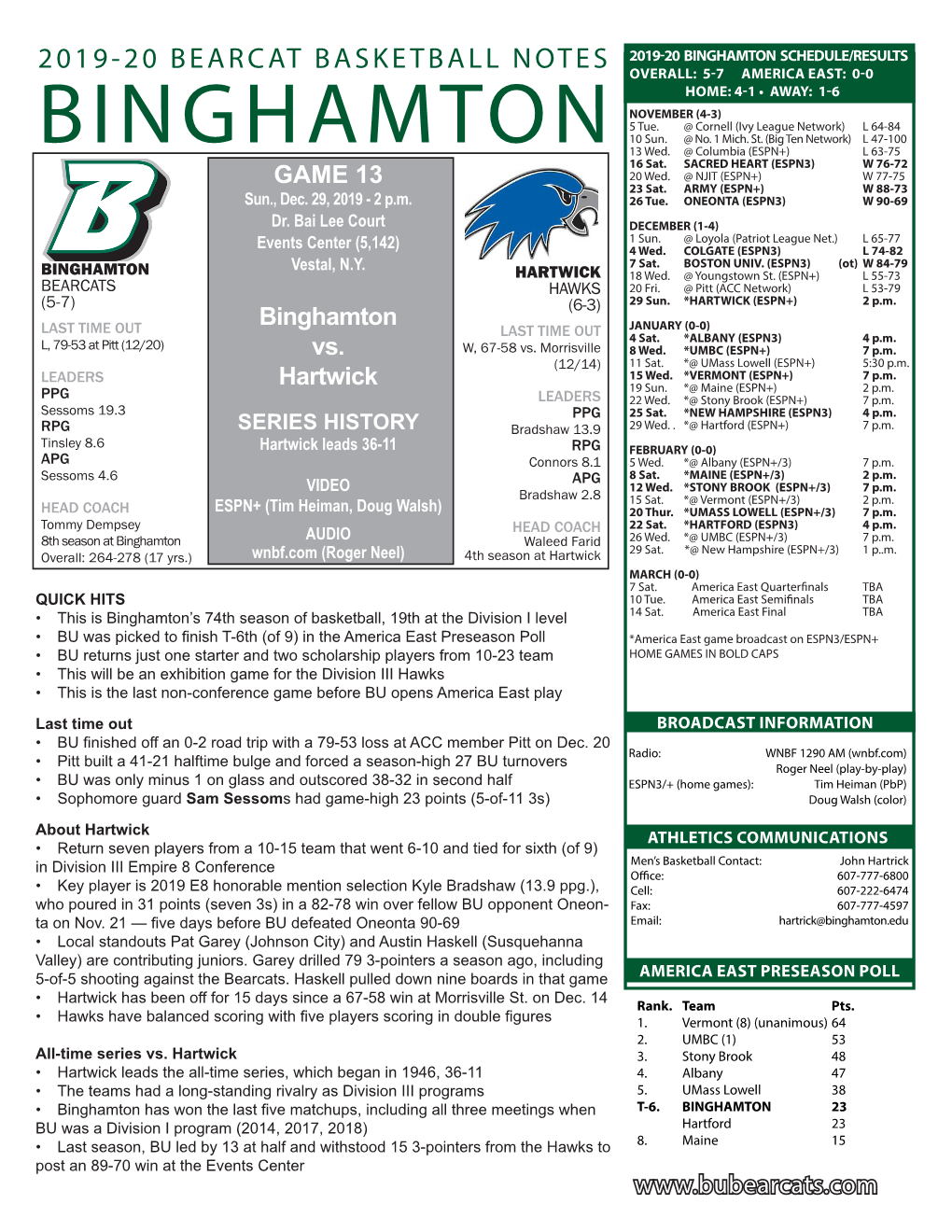 Binghamton Schedule/Results 2019-20 Bearcat Basketball Notes Overall: 5-7 America East: 0-0 Home: 4-1 • Away: 1-6