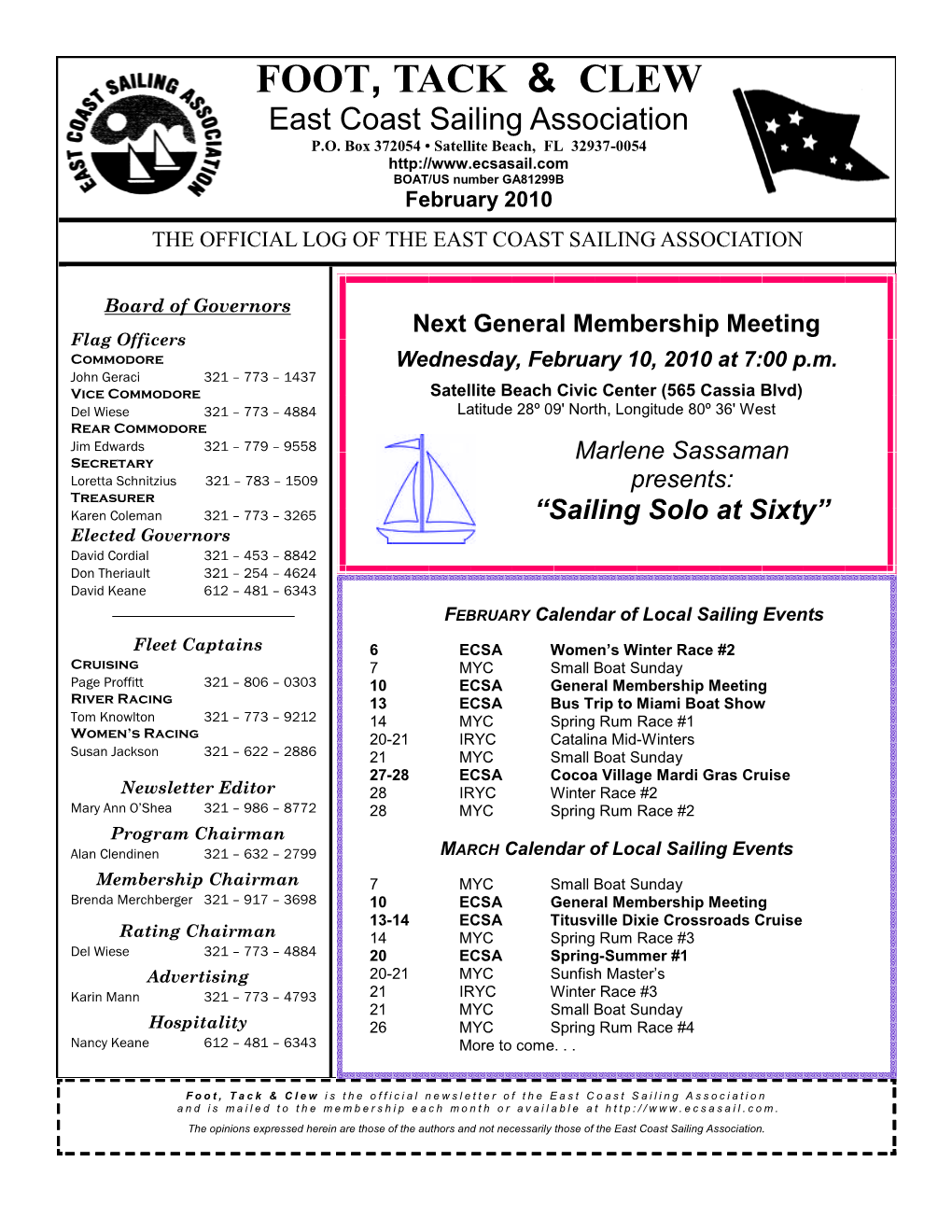 February 2010 the OFFICIAL LOG of the EAST COAST SAILING ASSOCIATION