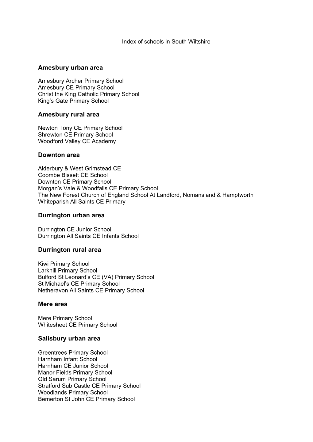 Primary Schools in South Wiltshire