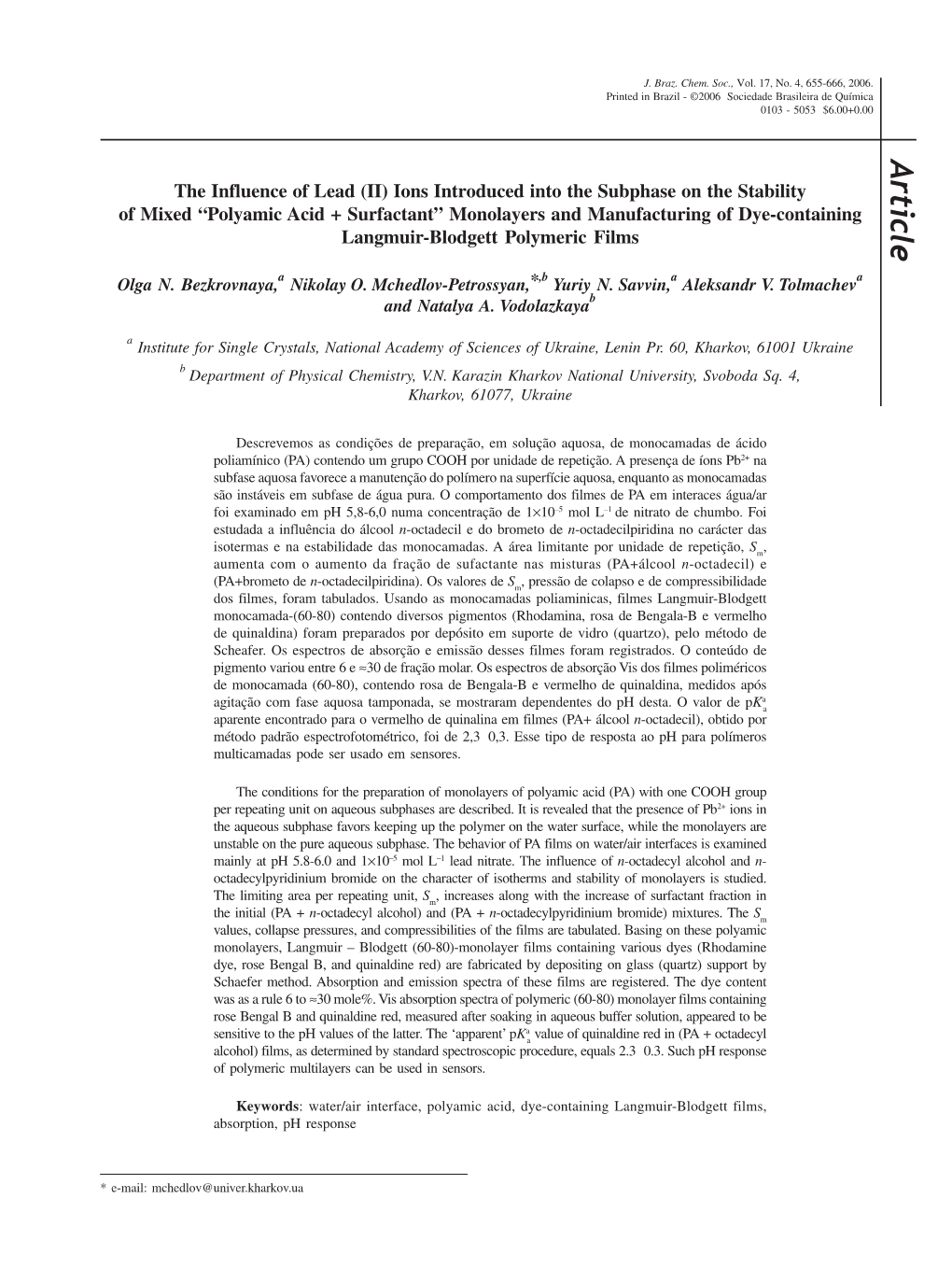 The Influence of Lead (II) Ions Introduced Into the Subphase On