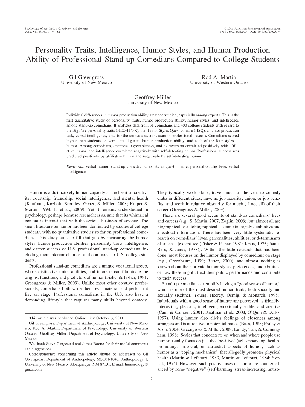 Personality Traits, Intelligence, Humor Styles, and Humor Production Ability of Professional Stand-Up Comedians Compared to College Students