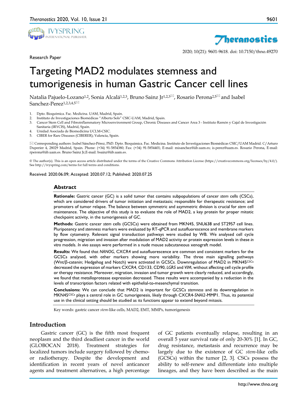 Theranostics Targeting MAD2 Modulates Stemness And