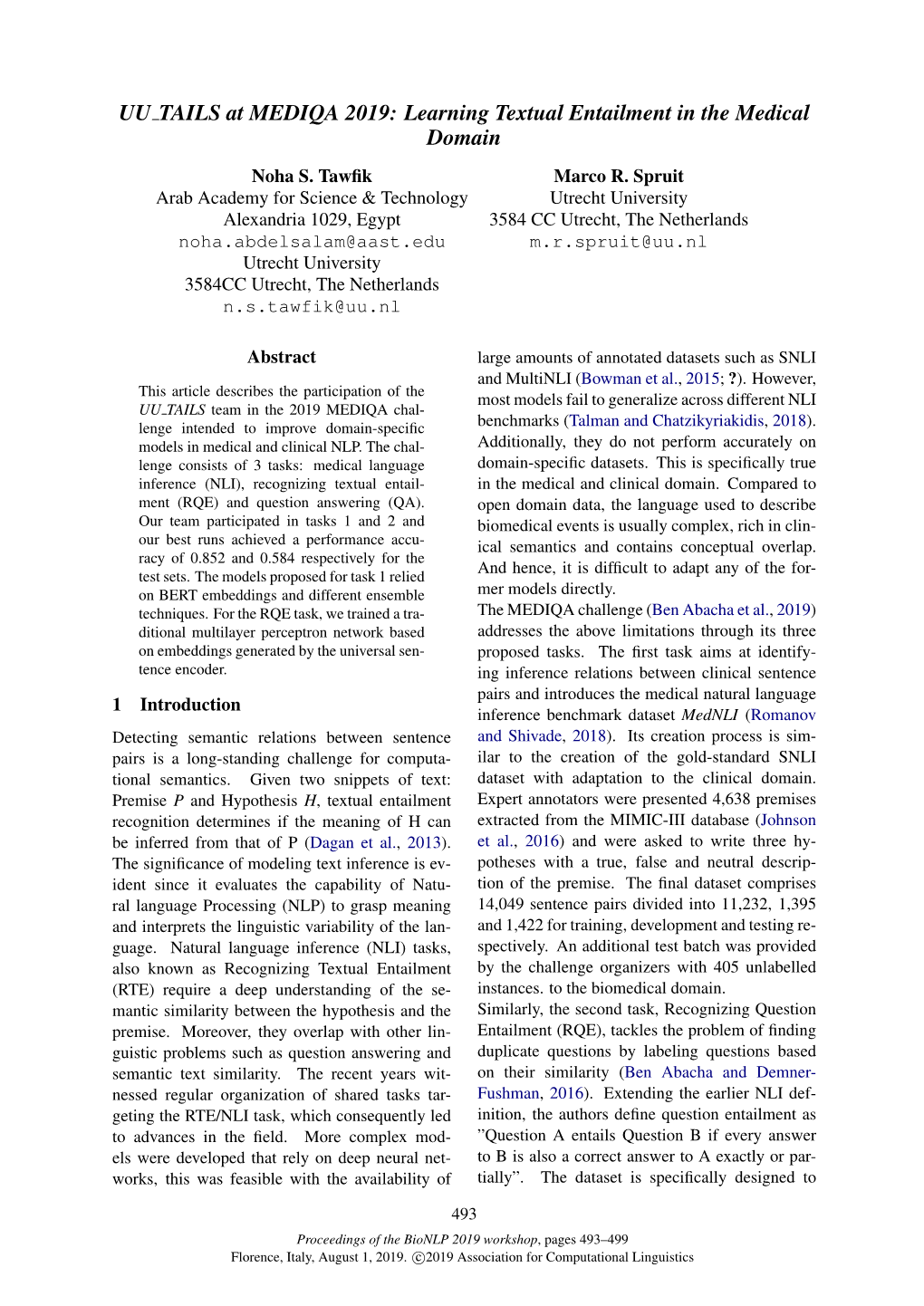 Learning Textual Entailment in the Medical Domain Noha S