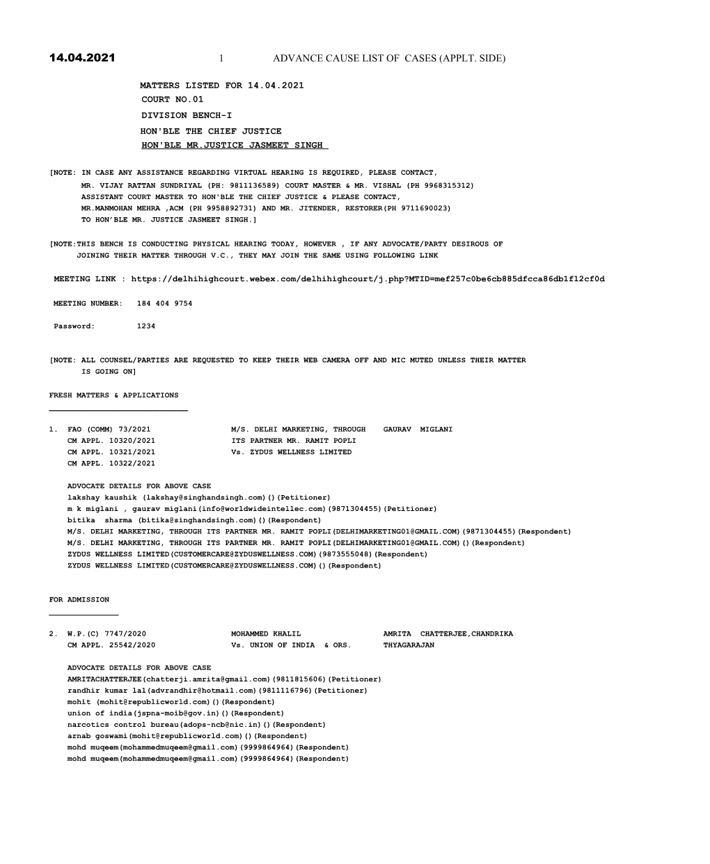 1 Advance Cause List of Cases (Applt. Side)