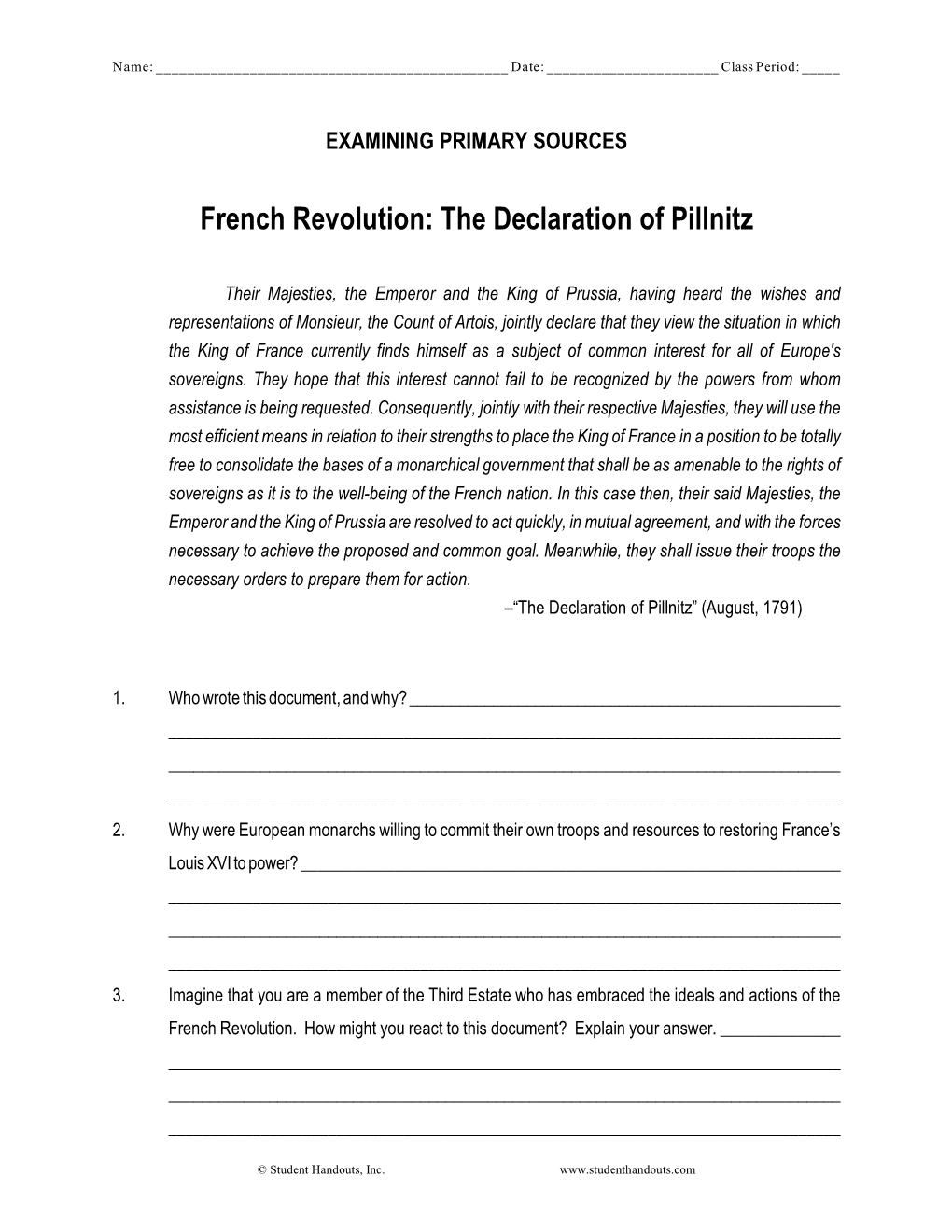 French Revolution: the Declaration of Pillnitz