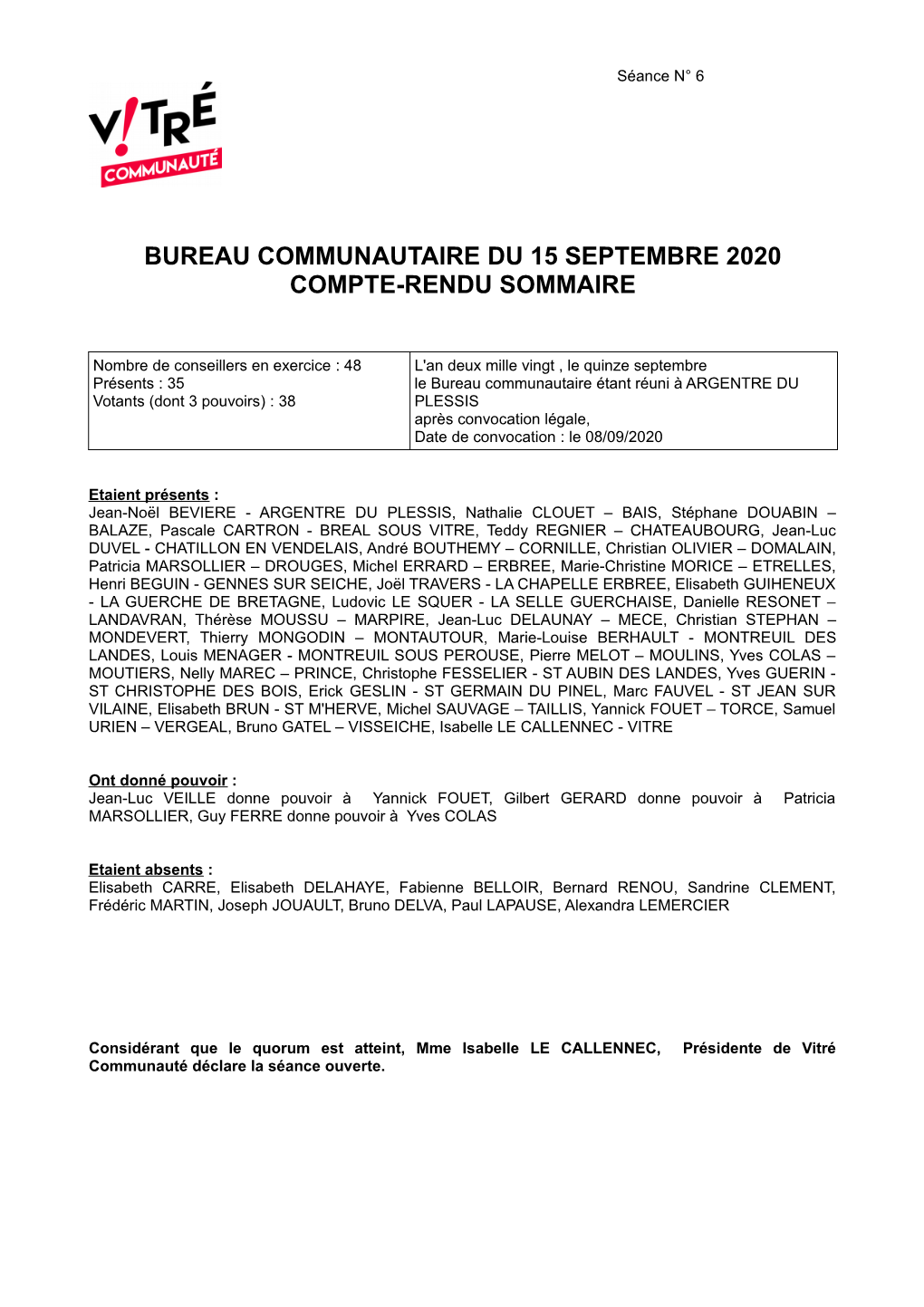 Bureau Communautaire Du 15 Septembre 2020 Compte-Rendu Sommaire