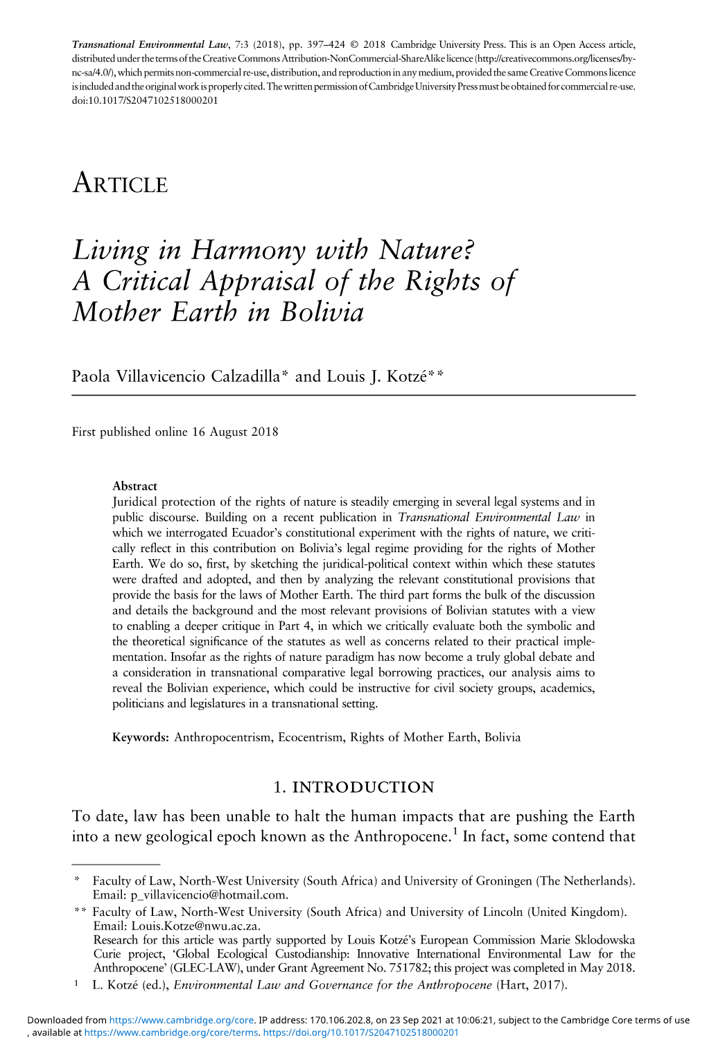 A Critical Appraisal of the Rights of Mother Earth in Bolivia