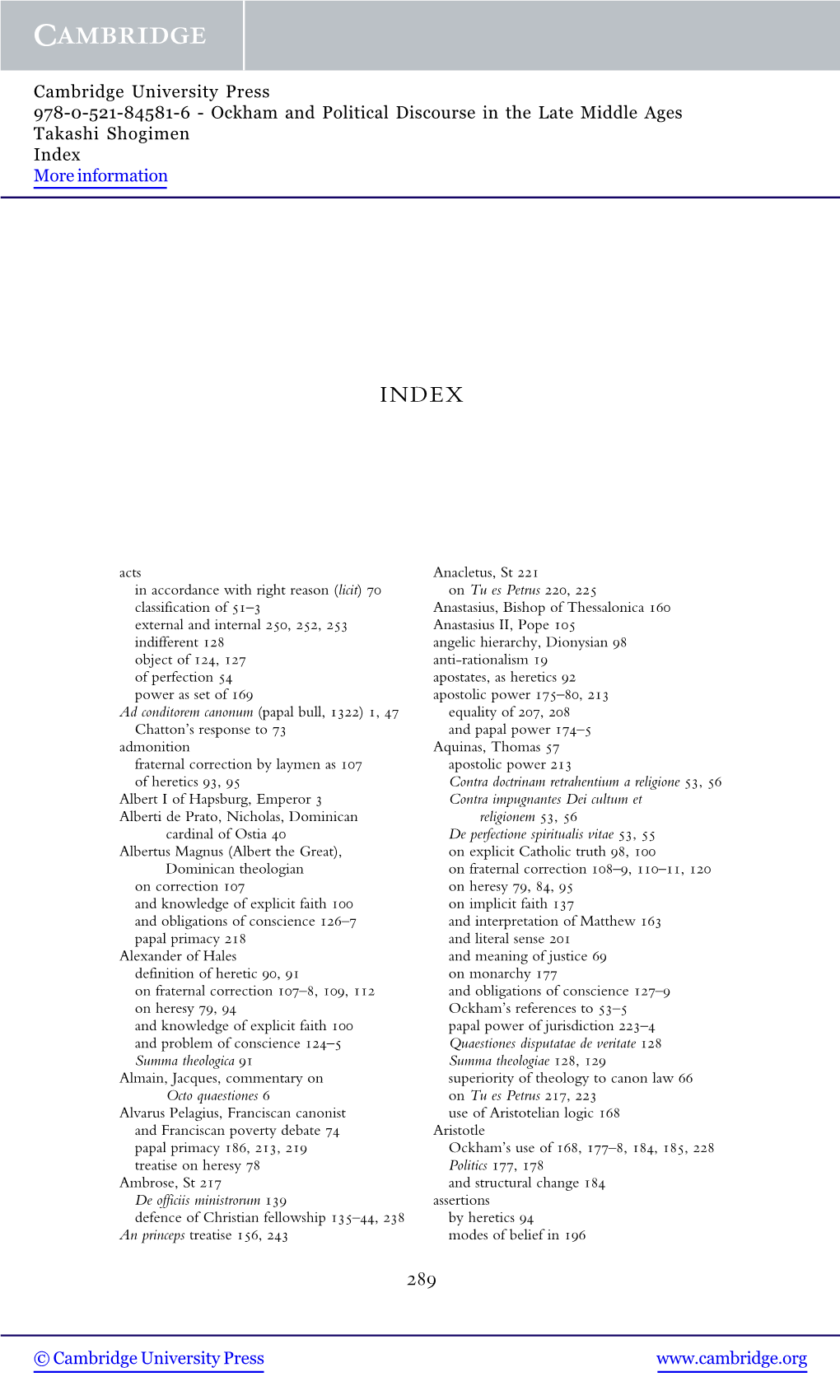 Ockham and Political Discourse in the Late Middle Ages Takashi Shogimen Index More Information