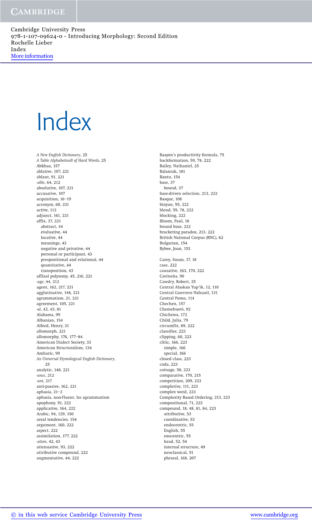 Cambridge University Press 978-1-107-09624-0 - Introducing Morphology: Second Edition Rochelle Lieber Index More Information