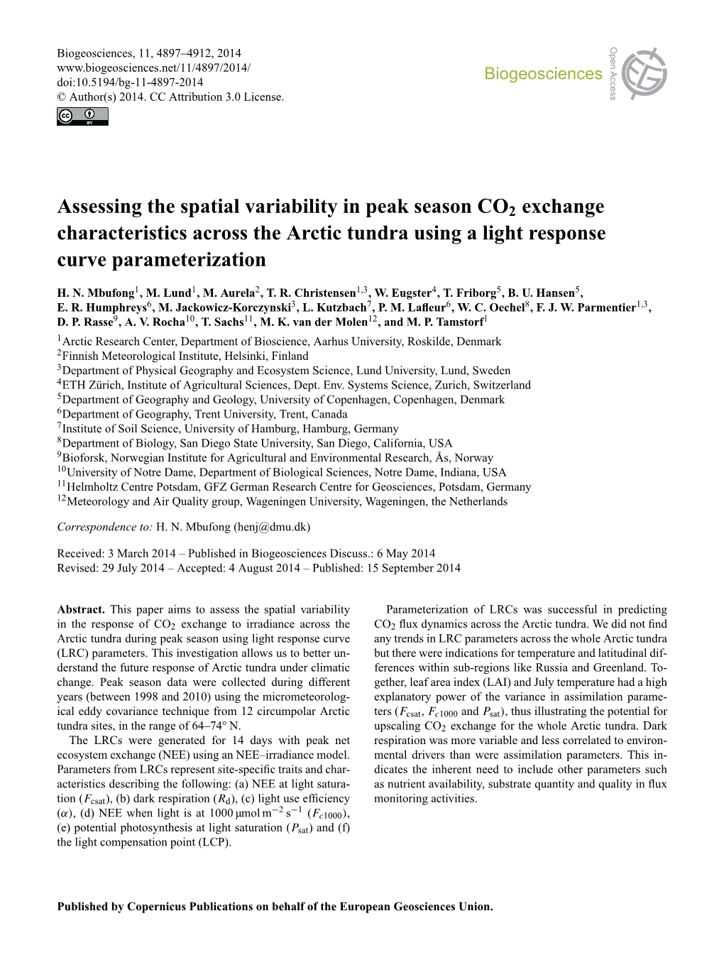 Assessing the Spatial Variability in Peak Season CO2 Exchange Characteristics Across the Arctic Tundra Using a Light Response Curve Parameterization