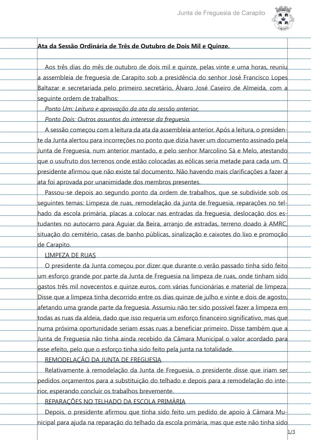 Ata Da Sessão Ordinária De Três De Outubro De Dois Mil E Quinze