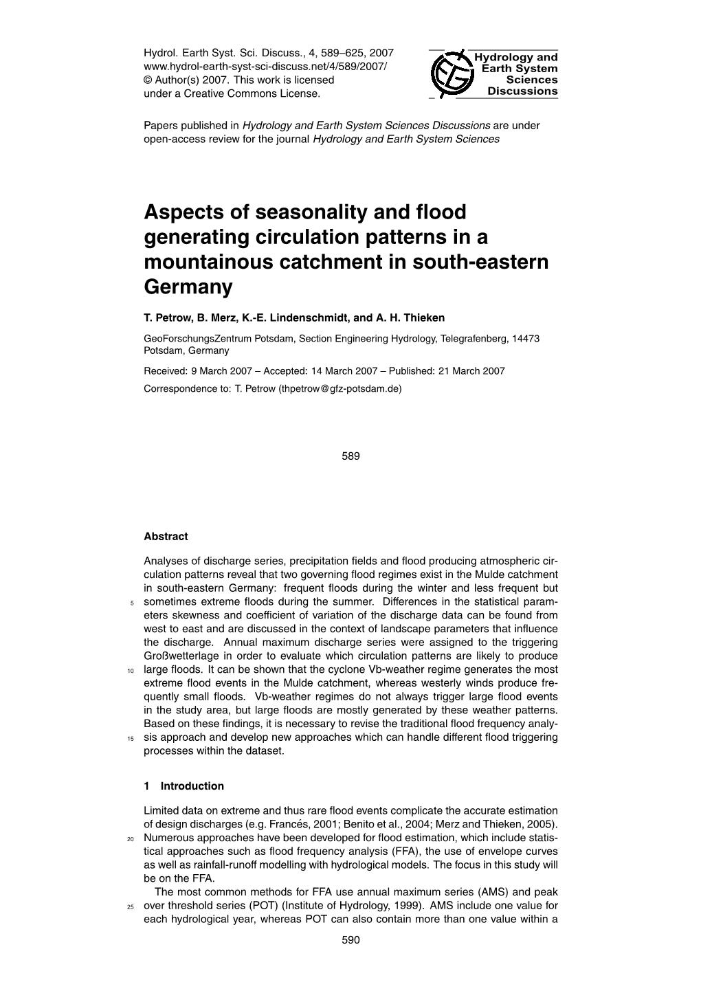 Aspects of Seasonality and Flood Generating Circulation Patterns in a Mountainous Catchment in South-Eastern Germany