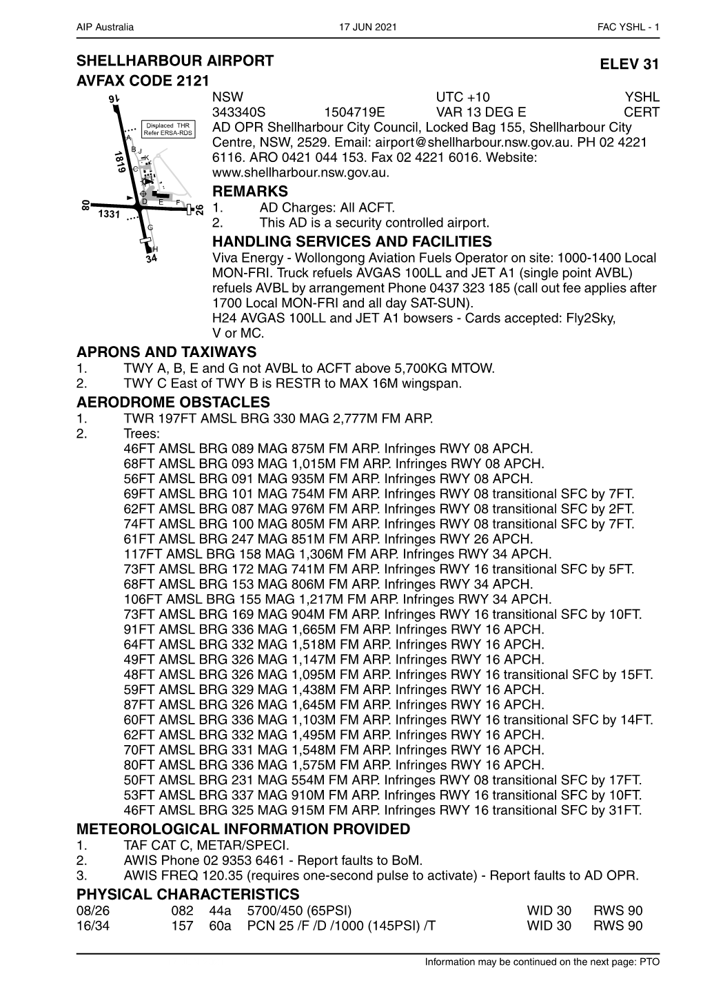 Shellharbour Airport Elev 31 Avfax Code 2121 Remarks