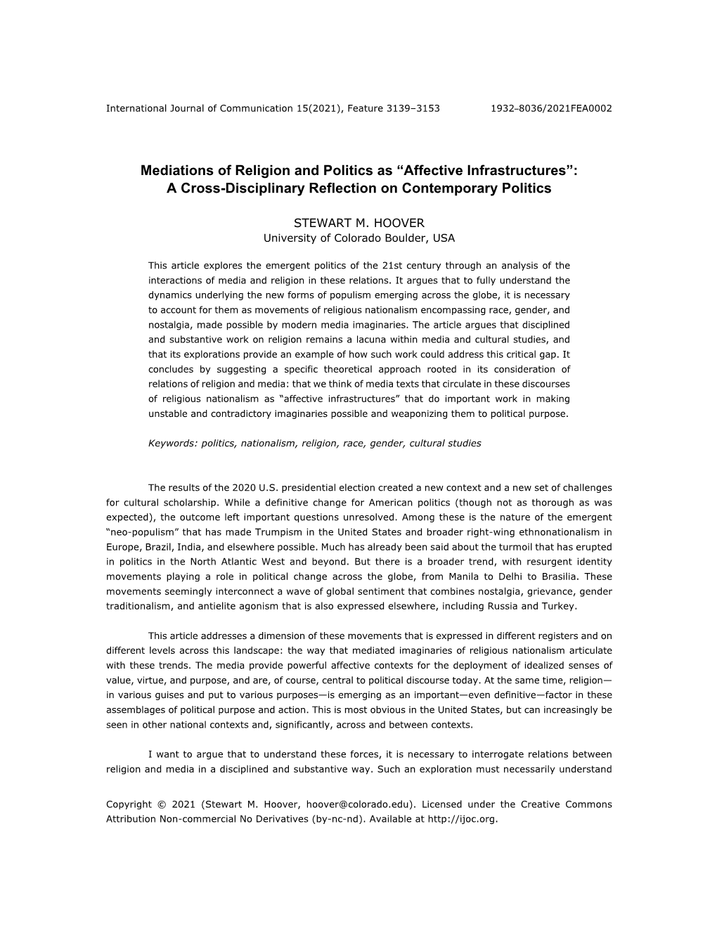 Mediations of Religion and Politics As “Affective Infrastructures”: a Cross-Disciplinary Reflection on Contemporary Politics