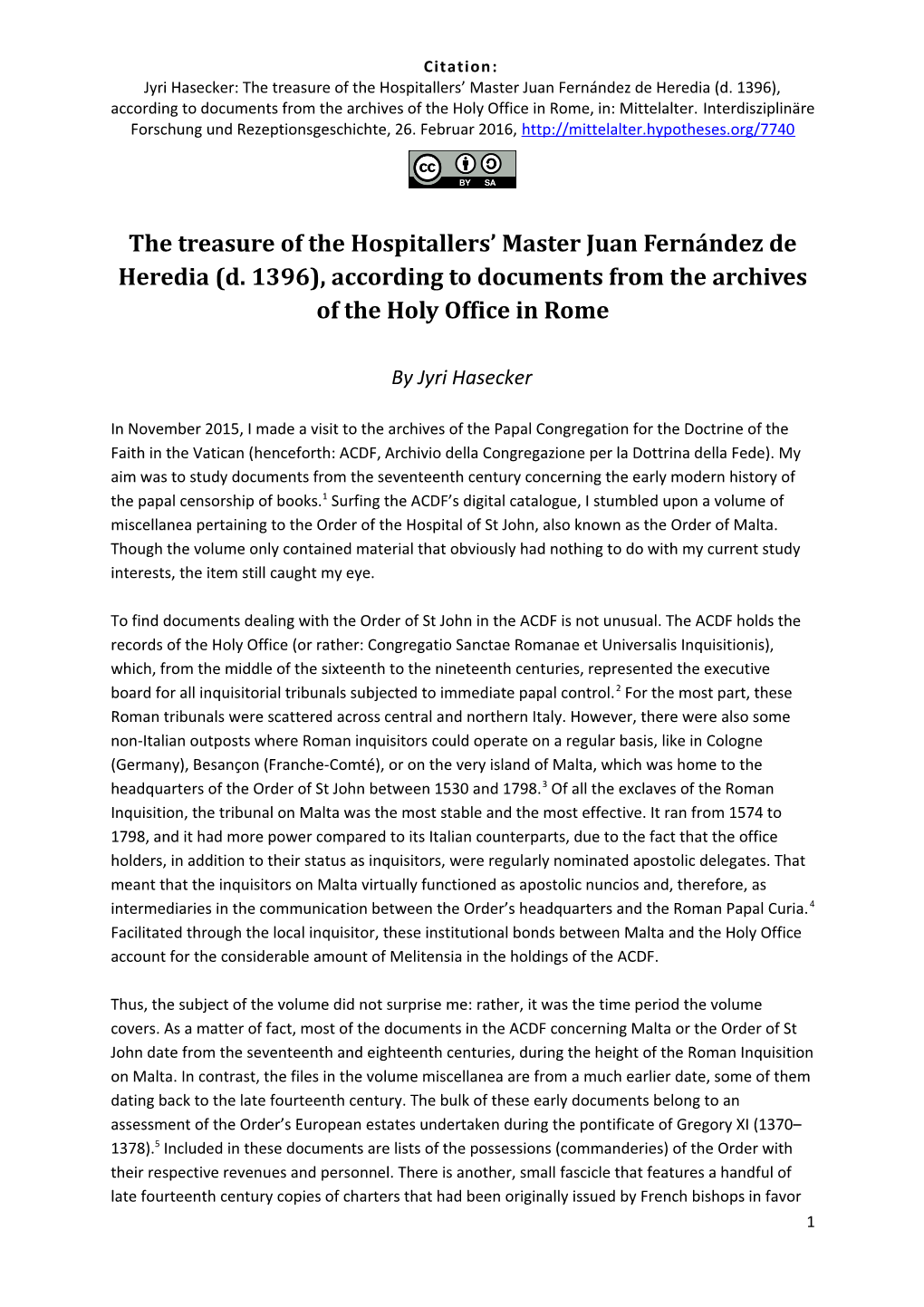 The Treasure of the Hospitallers' Master Juan