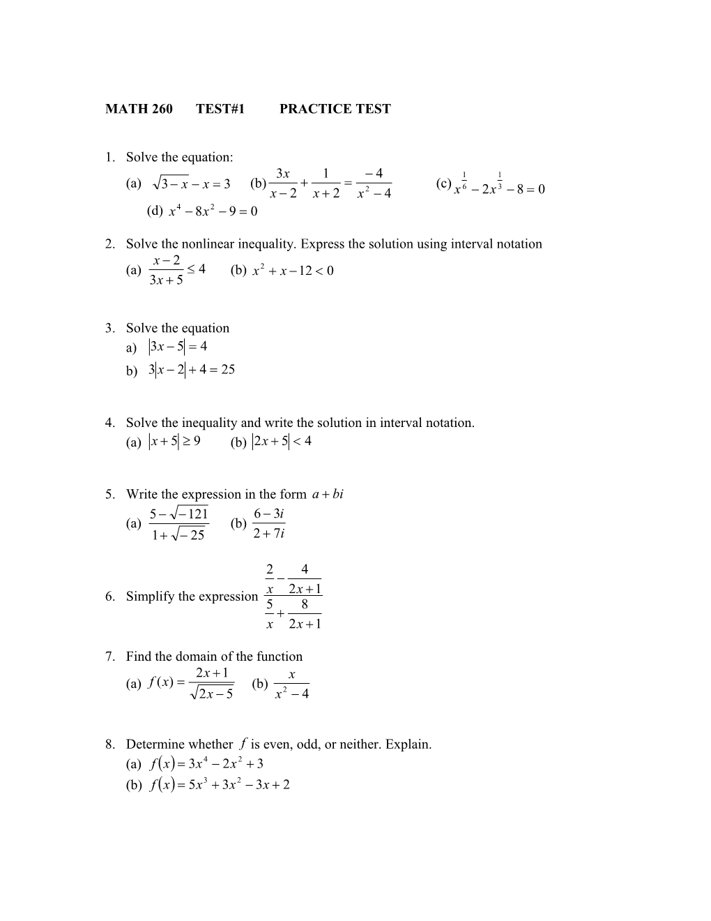 Math 260 Test#1 Practice Test