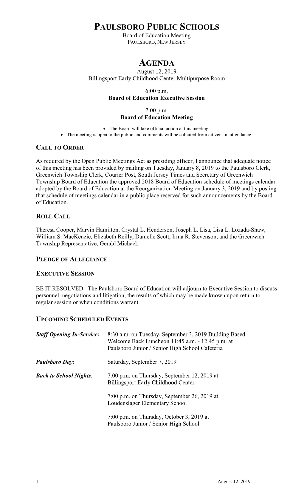 PAULSBORO PUBLIC SCHOOLS Board of Education Meeting PAULSBORO, NEW JERSEY