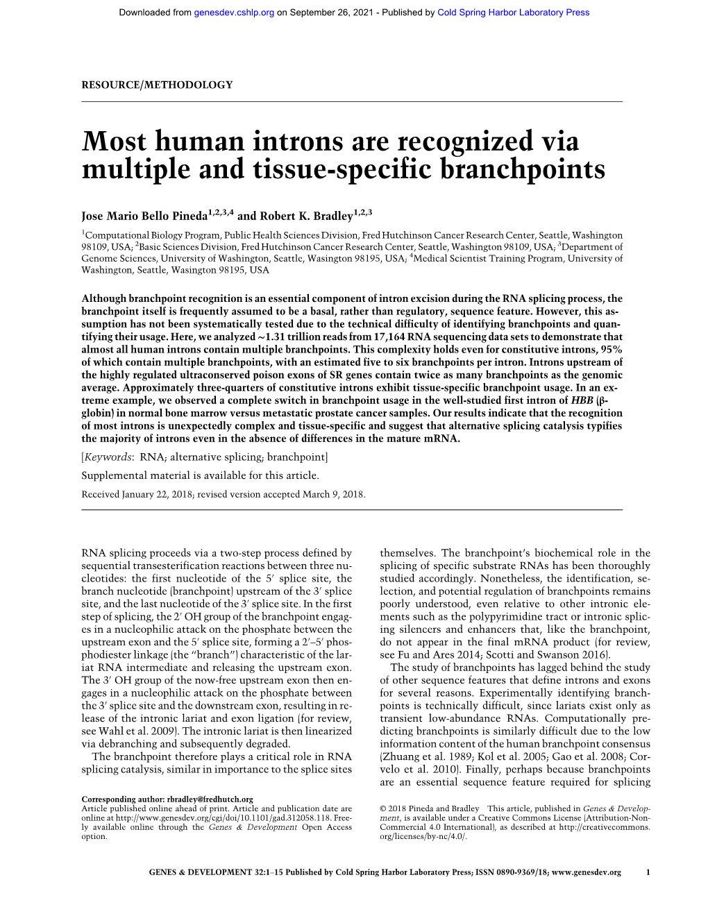 Most Human Introns Are Recognized Via Multiple and Tissue-Specific Branchpoints