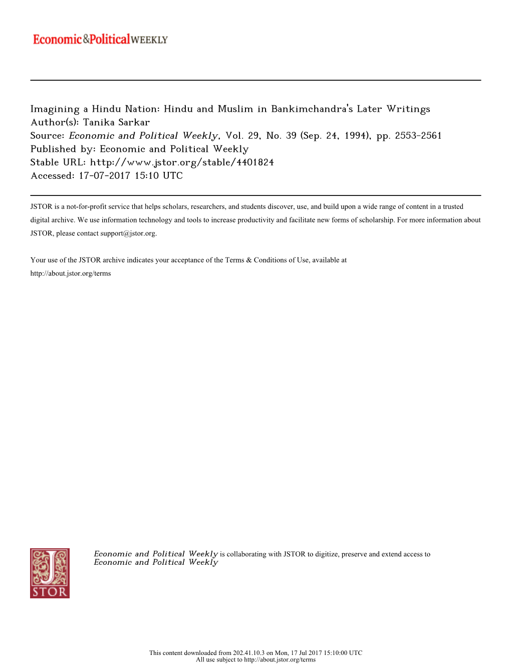 Imagining a Hindu Nation: Hindu and Muslim in Bankimchandra's Later Writings Author(S): Tanika Sarkar Source: Economic and Political Weekly, Vol