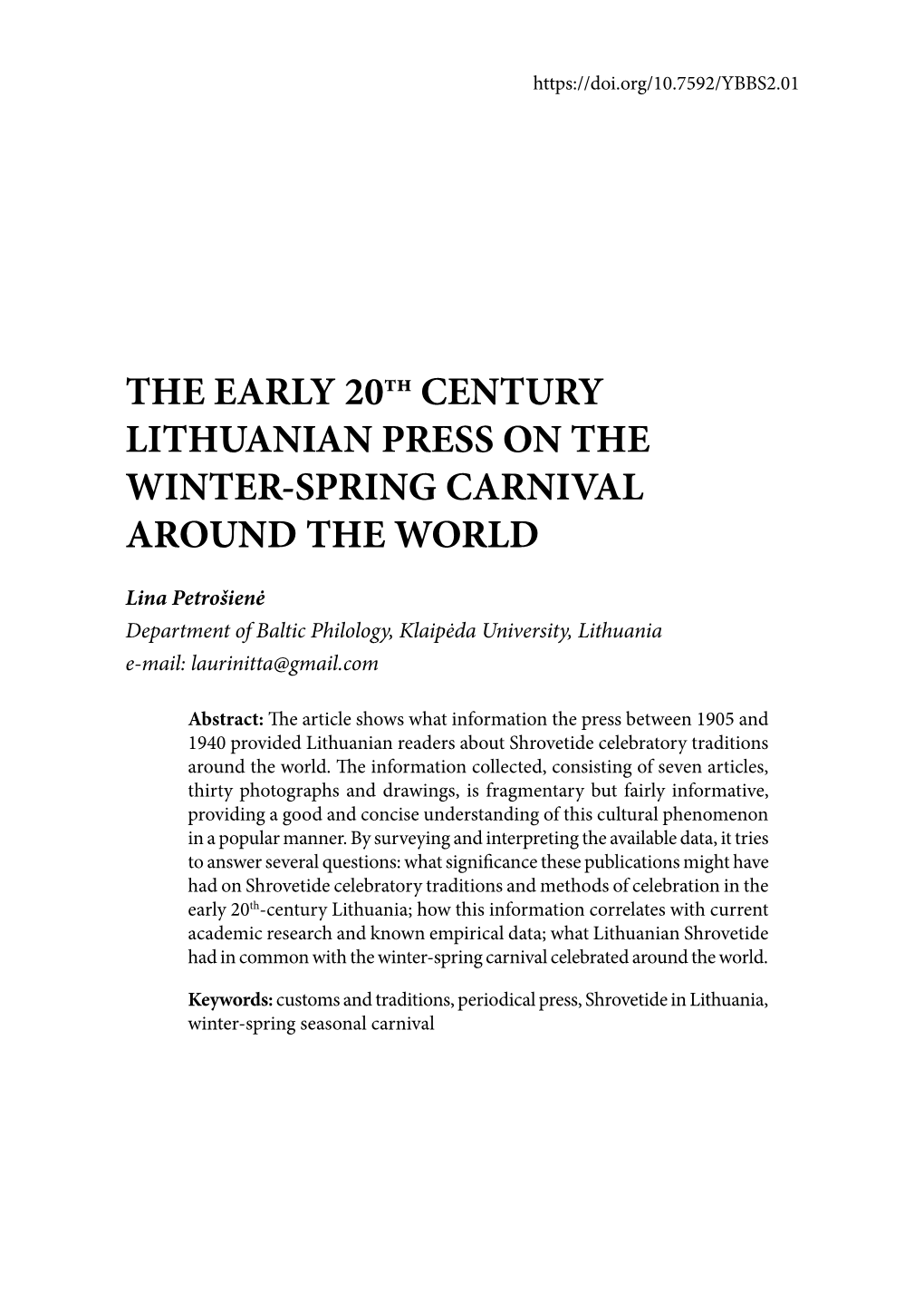 THE EARLY 20Th CENTURY LITHUANIAN PRESS on the WINTER-SPRING CARNIVAL AROUND the WORLD