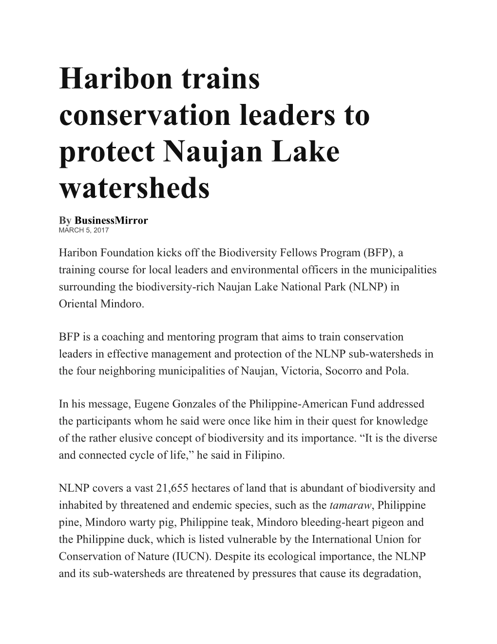 Haribon Trains Conservation Leaders to Protect Naujan Lake Watersheds by Businessmirror MARCH 5, 2017