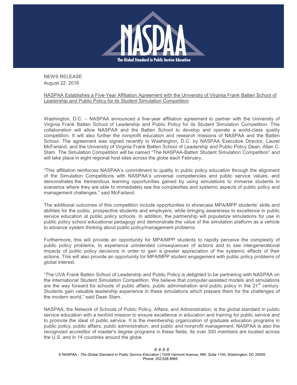 NASPAA-Batten Partnership Announcement, 8-22-16