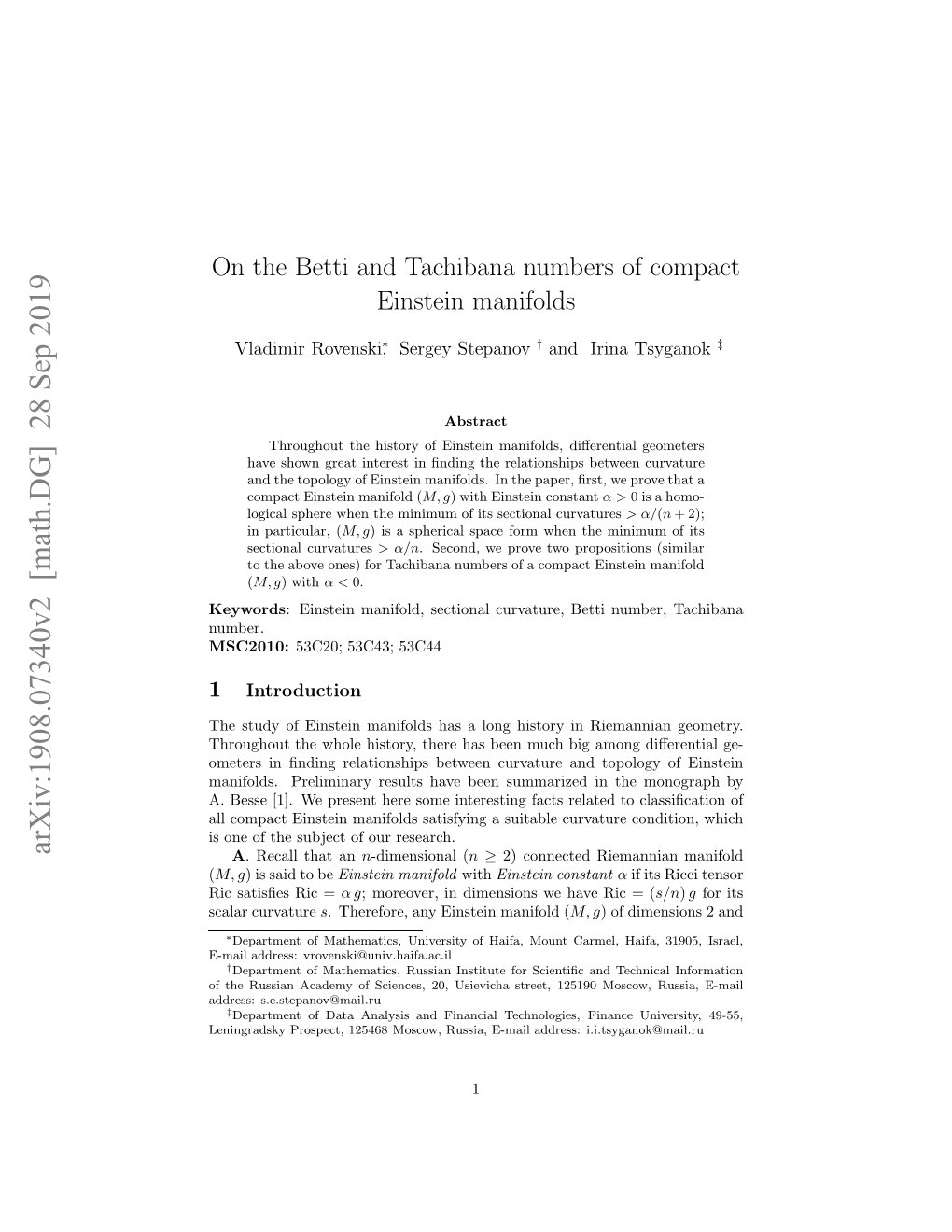On the Betti and Tachibana Numbers of Compact Einstein Manifolds