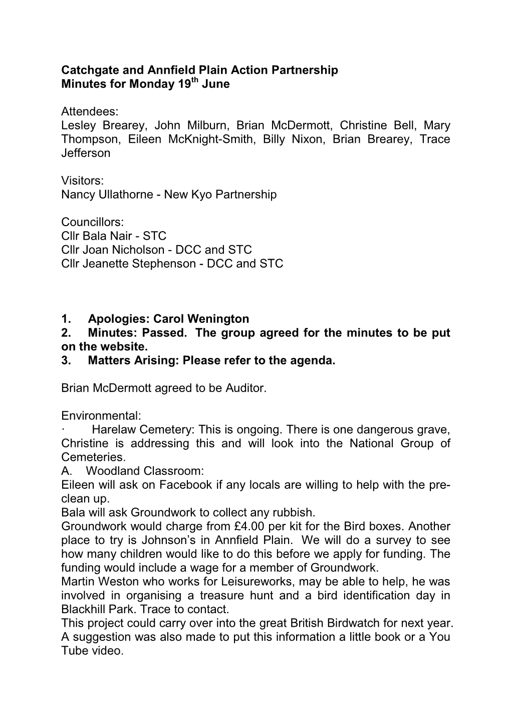 Catchgate and Annfield Plain Action Partnership Minutes for Monday 19Th June