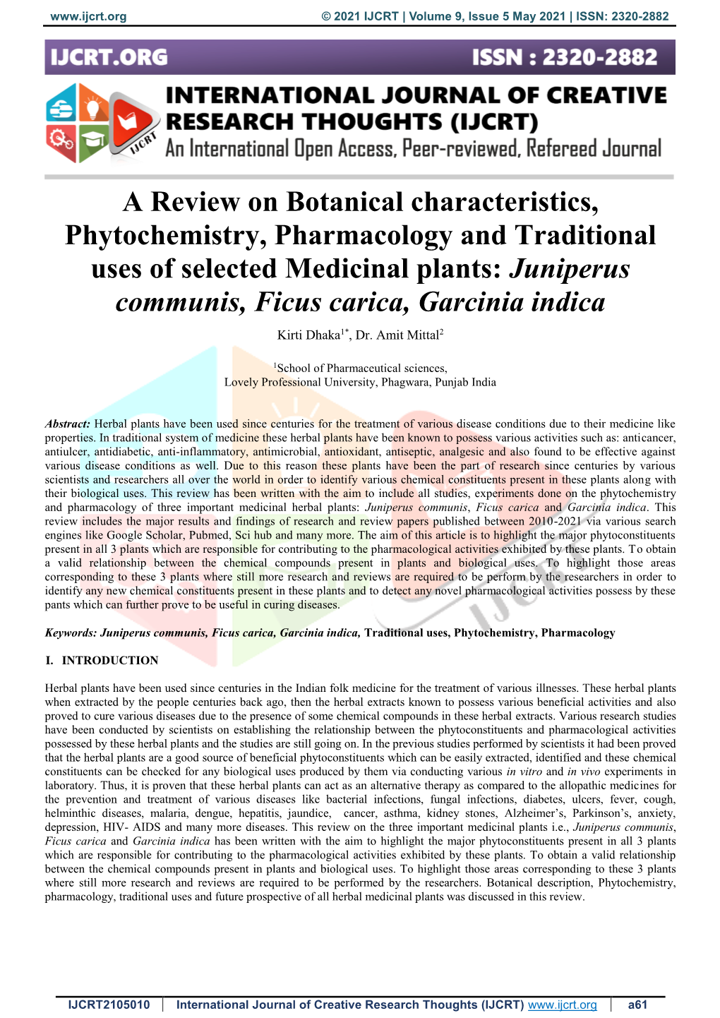 A Review on Botanical Characteristics, Phytochemistry, Pharmacology and Traditional Uses of Selected Medicinal Plants