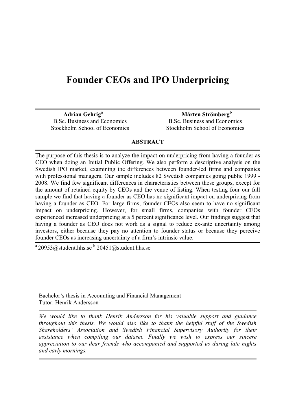 Founder Ceos and IPO Underpricing