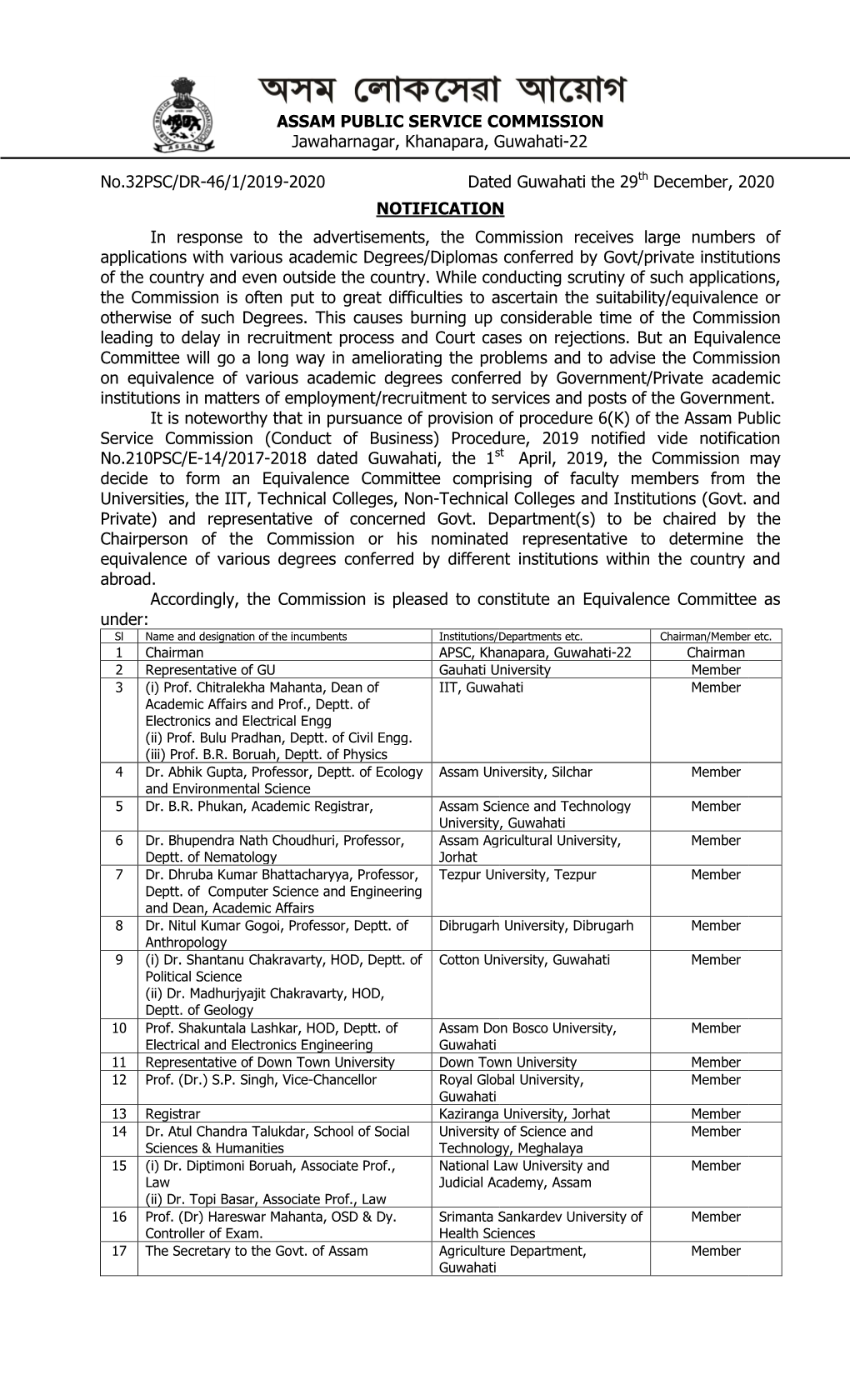 Notification Regarding Constitution of Equivalence Committee