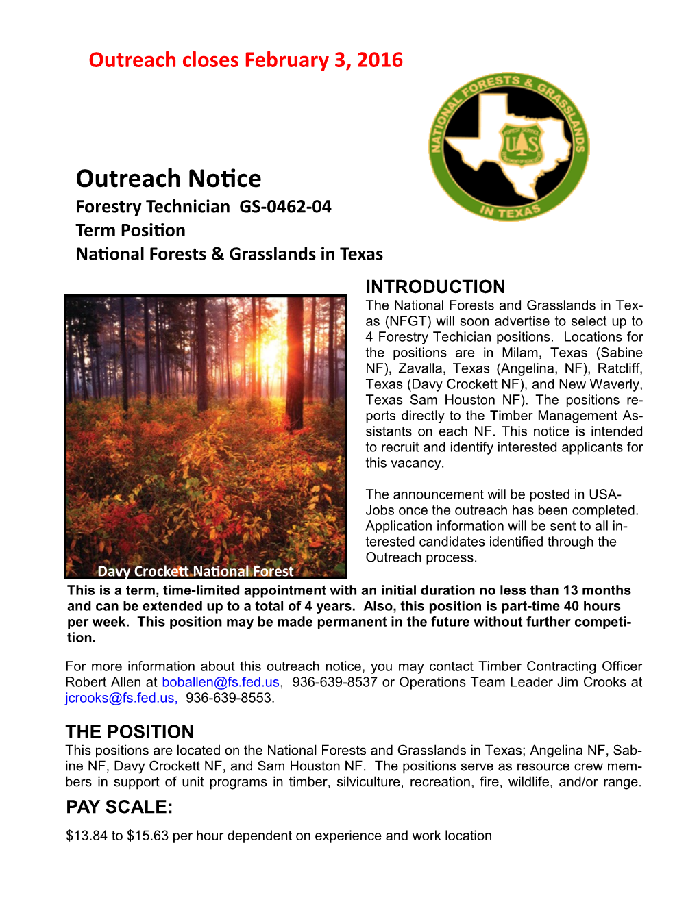 Outreach Notice Forestry Technician GS-0462-04 Term Position National
