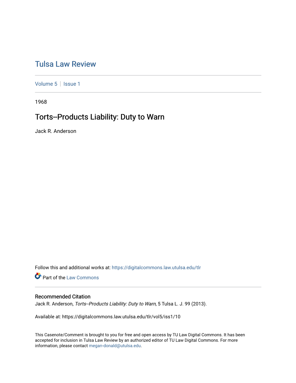 Torts--Products Liability: Duty to Warn