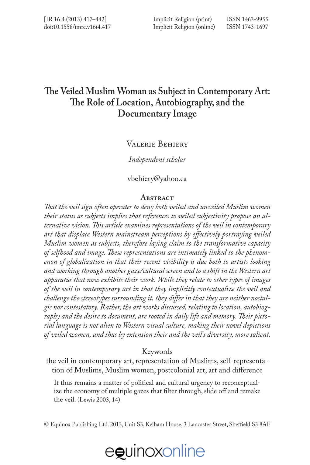 The Veiled Muslim Woman As Subject in Contemporary Art: the Role of Location, Autobiography, and the Documentary Image