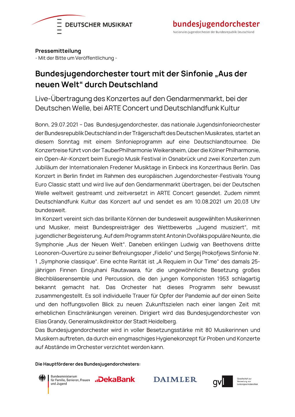 Bundesjugendorchester Tourt Mit Der Sinfonie „Aus Der Neuen Welt“ Durch Deutschland