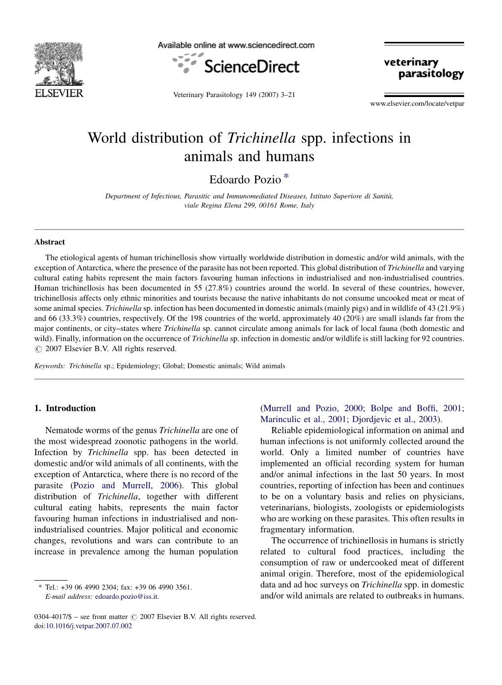 World Distribution of Trichinella Spp. Infections in Animals and Humans