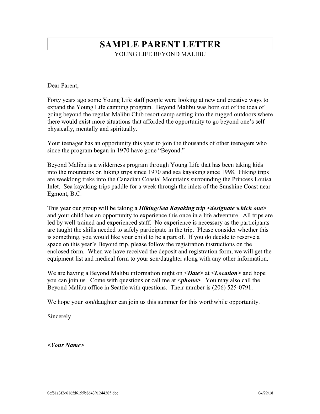 TRIP: Sample Parent Letter