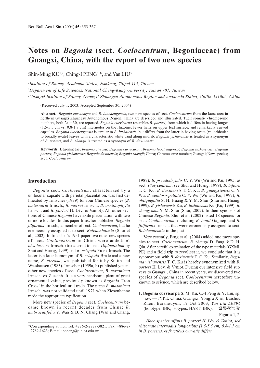 Notes on Begonia (Sect. Coelocentrum, Begoniaceae) from Guangxi, China, with the Report of Two New Species