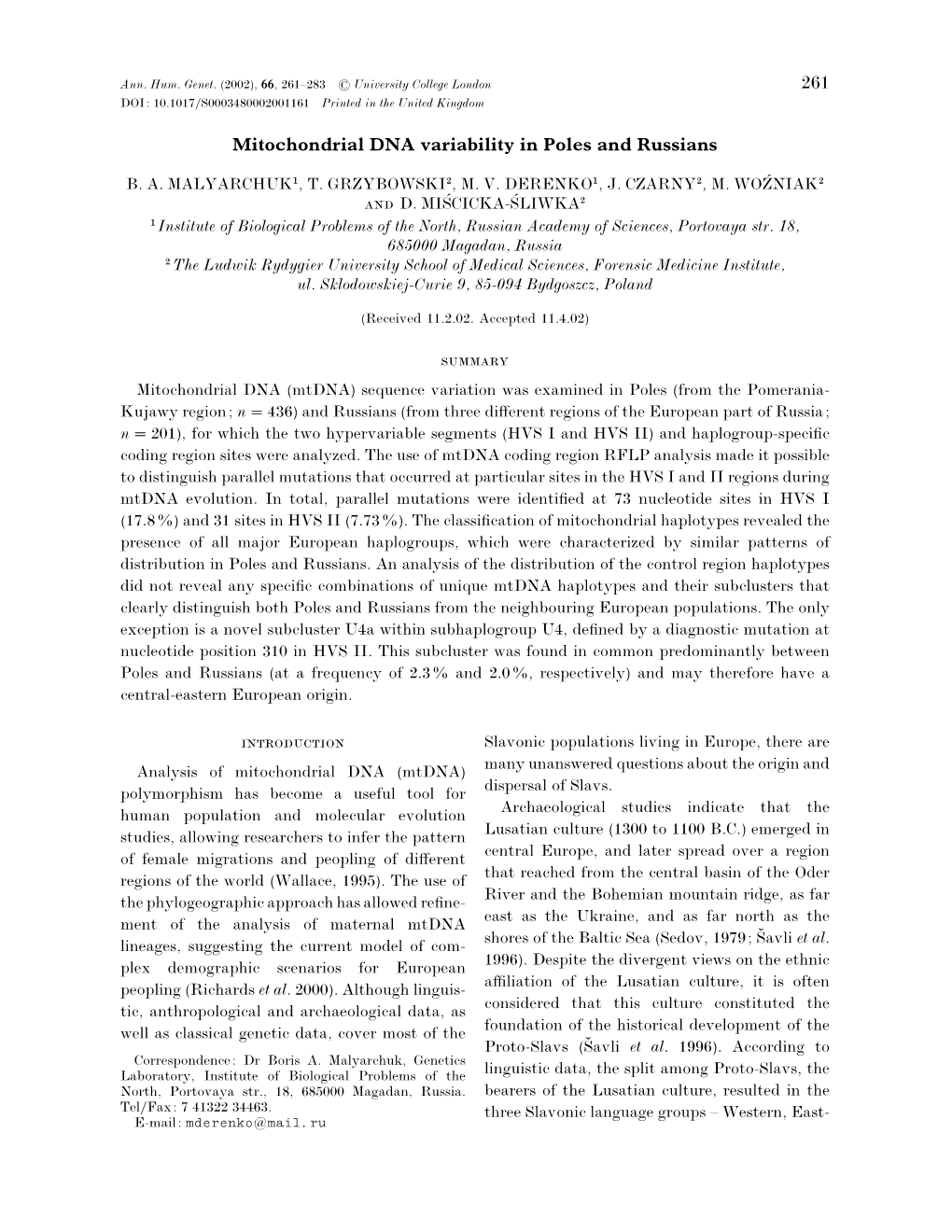 261 Mitochondrial DNA Variability in Poles and Russians