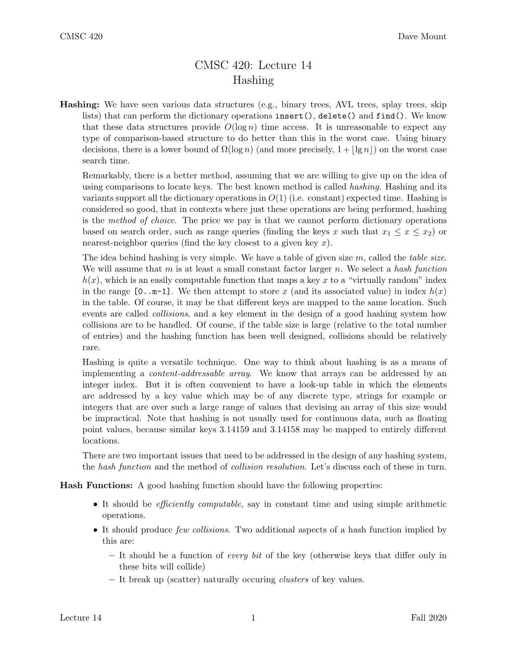 CMSC 420: Lecture 14 Hashing