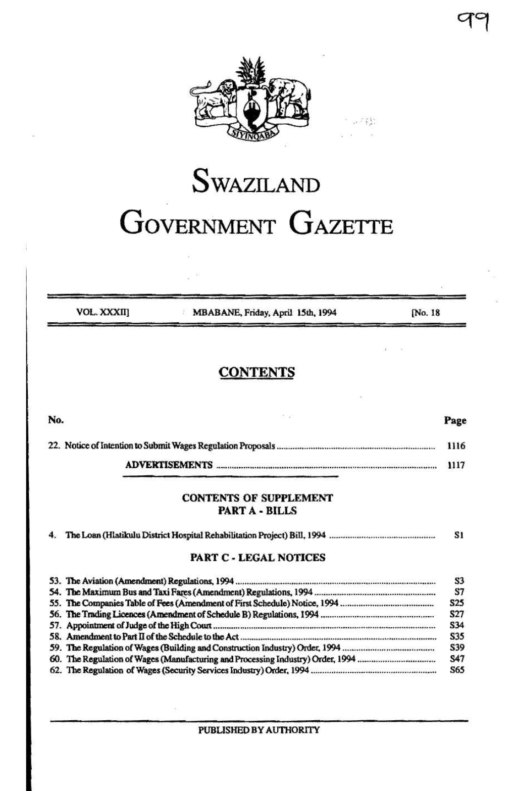 A" Swaziland (Government Gazette